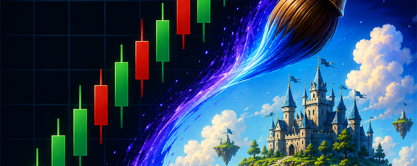 Candlestick chart transforming through a painted portal into a floating fantasy world
